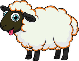 Cartoon sheep character, fluffy white wool, blue eyes, black face, tongue out, kids mascot, cad drawing flat vector illustration