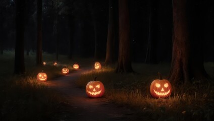 A darkened forest path illuminated by carved jack-o'-lanterns, glowing in the night