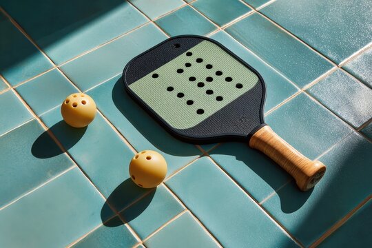 Pickleball paddle and balls displayed against a colorful checkered wall highlighting the sport's growing popularity and inviting play during sunny daytime hours