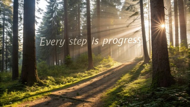 Inspirational forest pathway with sunlight filtering through trees, encouraging progress with a motivational quote