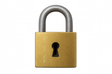Gold padlock with keyhole symbolizing security, protection, privacy, and access control on transparent background
