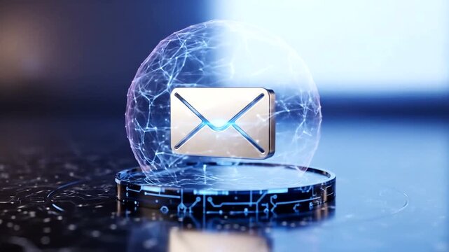 Futuristic email icon enclosed in a digital bubble with circuit patterns