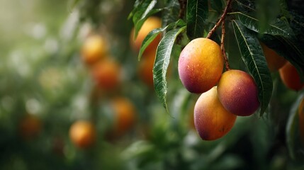 Obraz premium Ripe mangoes with yellow orange and red hues hang from a tree branch glistening with dew in a tropical orchard under soft natural light