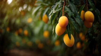 Ripe mangoes hang from a tree branch in a sunlit orchard showcasing a bountiful harvest