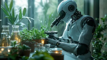 A futuristic humanoid robot scientist carefully studying plants in laboratory flasks with a microscope, artificial intelligence, biotechnology, research, innovation, robotics, and advanced science. - Powered by Adobe