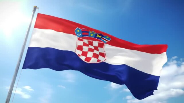 Croatian Flag Waving Proudly in the Blue Sky.