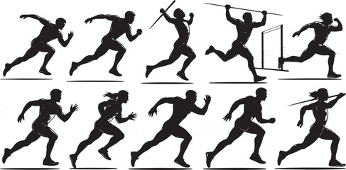 Obraz premium Dynamic Track and Field Athlete Silhouettes: Runner, Javelin, and Hurdle Sprinter Poses Vector Collection