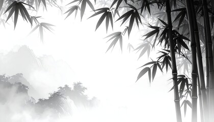 Naklejka premium Minimalist Black and White Bamboo Landscape - The monochrome tones and soft gradients create a peaceful, zen-inspired composition