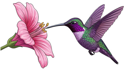 Fototapeta premium Hummingbird Feeding on Pink Flower in Vibrant Garden