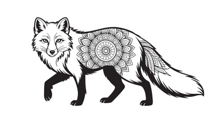 Fox with mandala tattoo isolated on white background, a unique design