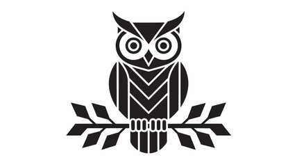 Black and white owl illustration isolated on white background, perched on branch