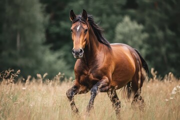 Bay horse galloping freely across a lush green meadow under bright sunlight in a tranquil natural setting