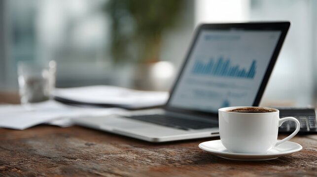 A professional workspace with a laptop displaying financial data coffee and documents on a wooden desk