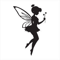 Naklejka premium silhouette of flying fairy holding magic wand with stars on transparent background.