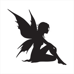  Black silhouette fairy with butterfly wings on mushroom holding dragonfly black and white