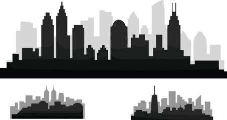 Obraz premium City skyline silhouettes, modern architecture, urban building shapes, skyscraper layers, black and gray tones, cad drawing flat vector illustration