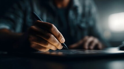 Close up of a hand using a stylus to draw on a digital tablet in a dimly lit workspace