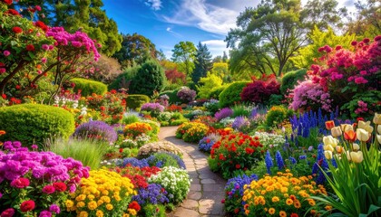 Vibrant Flower Garden with Stone Path and Colorful Blossoms under Bright Sunlight