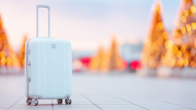 Winter travel suitcase stands on bright street near holiday decorations