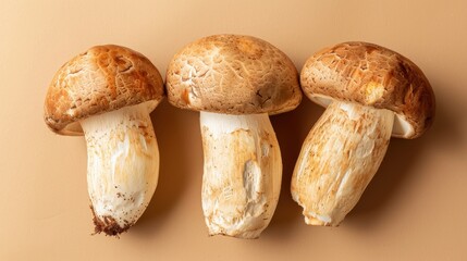 Three Mushrooms Still Life Macro Photography of Fresh Brown Mushrooms on transparent background