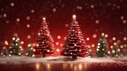 Obraz premium Red Christmas background with sparkling bokeh and xmas tree on canvas festive winter holiday backdrop Merry Christmas and Happy New Year card template with copy space