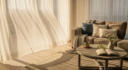 Sunlit Living Room With Gentle Breezes Flowing Through Sheer Curtains