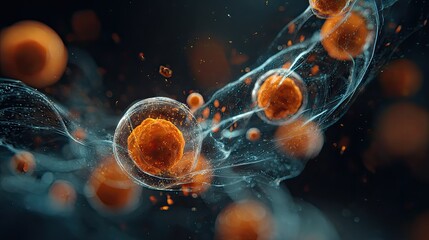 Abstract Representation of Cellular Structure with Orange Particles and Flowing Light Trails on Dark Background
