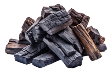 Natural wood charcoal isolated on white background ,PNG. AI GENERATED.