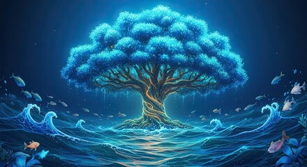 Enchanted Ocean Tree of Life Radiates Mystical Blue Energy
