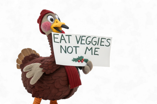 Turkey holding an eat veggies not me sign isolated on transparent background