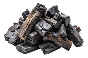 Natural wood charcoal isolated on white background ,PNG. AI GENERATED.
