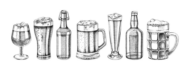 Beer glasses and bottles collection vector