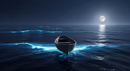 A solitary boat drifts on the luminous ocean under a radiant moonlit sky