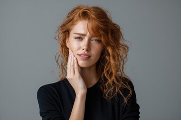 Fototapeta premium Young woman experiencing discomfort due to gingivitis while posing in a neutral setting with a thoughtful expression on her face