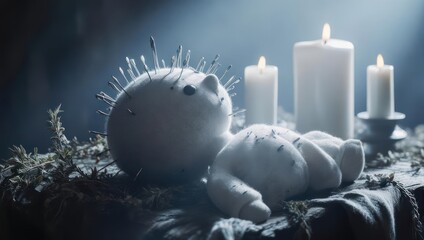 A doll head pierced with pins beside a dismembered doll and candles on a table