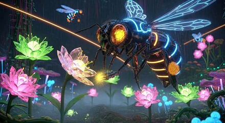 Cybernetic Garden with Giant Neon Bee and Luminescent Flora
