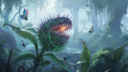 A fantastical carnivorous plant with glowing maw and butterflies in a misty, vibrant forest