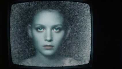 A face of a woman with blue skin, hair framing the face, on a vintage television screen