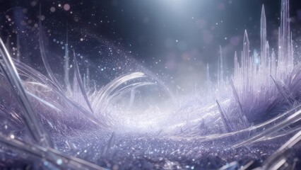 A fantastical, ethereal landscape of crystalline structures, ice and light. Glowing, dreamy scene
