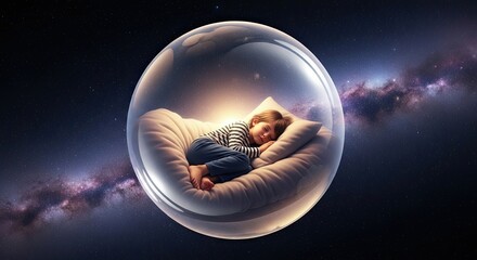 Child Sleeping Safely Inside a Dream Bubble Among Stars