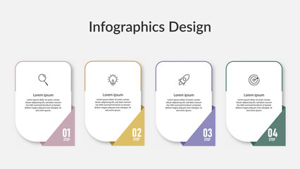 Modern infographic design template with 4 steps in colorful boxes. Includes icons for search, idea, launch, and target. Ideal for business presentations, education, workflow, and project planning.
