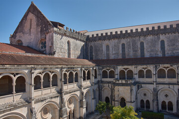 Architectural view of the Alcobaca Monastery from the upper gallery with Gothic arches and natural light