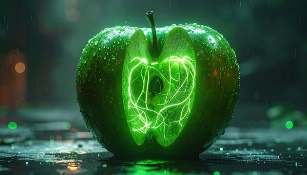 Energetic Green Apple with Luminous Core and Water Droplets