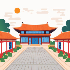 Fototapeta premium Traditional Korean house courtyard features stone pathways and tiled roofs