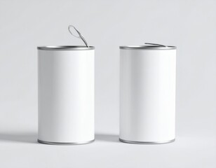 Two blank cylindrical tin cans with pull-tab openings are displayed against a neutral, pale background, suggesting product packaging or design mockups, with a focus on the simplicity and clean lines.