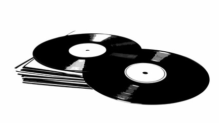 A stack of vinyl records with two records prominently displayed in the foreground in black and white style
