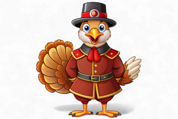 Cartoon pilgrim turkey wearing a hat and coat isolated on transparent background