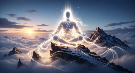 Ascended Being Meditating atop Snowy Mountain Peaks Surrounded by Clouds and Light