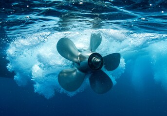 water jet engine, White propeller object with four blades floats in vibrant blue ocean water. Propeller sharp edges face viewer. Intricate details, surrounding water create serene immersive scene