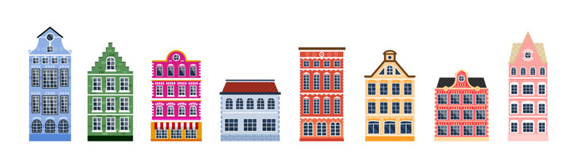 Fototapeta premium Set of diverse european city houses, old town architecture, traditional building facade illustration. Flat vector design for cityscape creation.